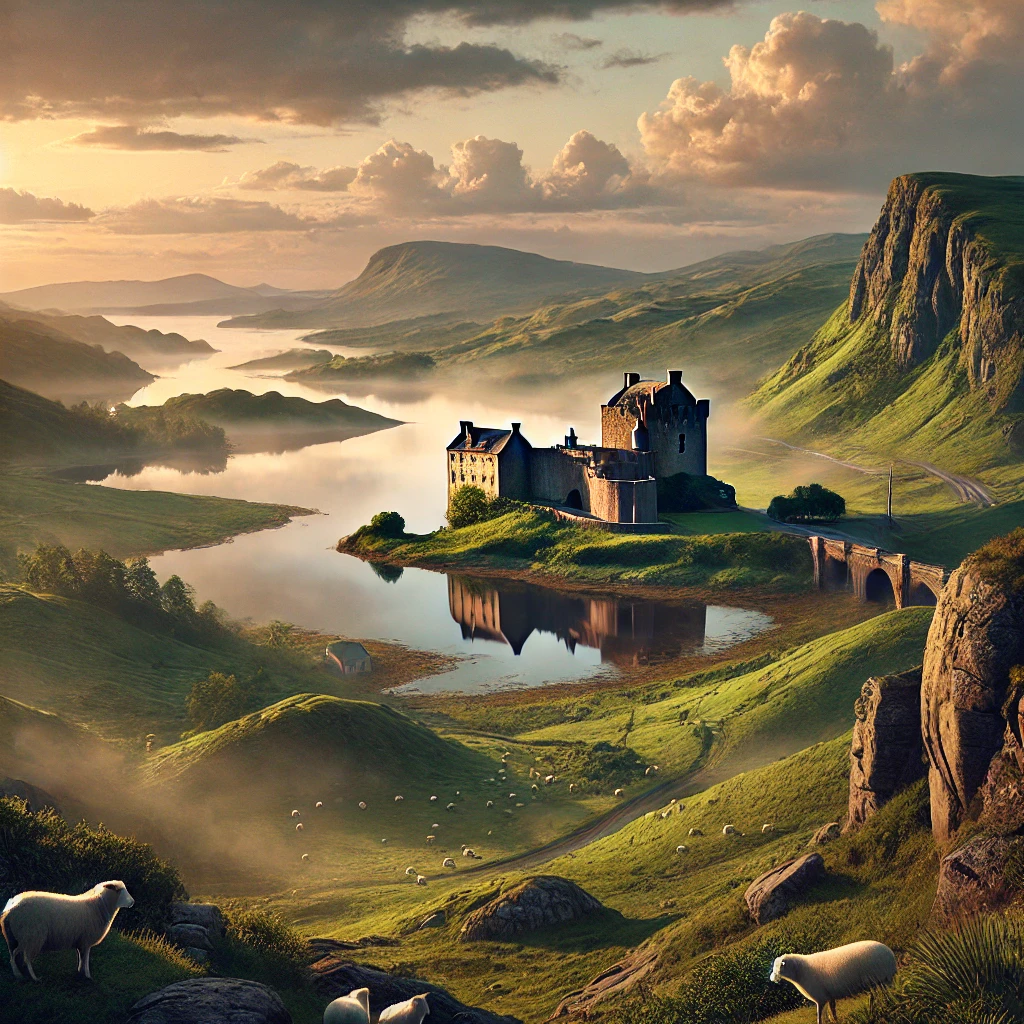 Paysage photoréaliste de l’Écosse avec des collines verdoyantes, un loch brumeux et un château ancien perché sur une colline, sous une lumière dorée de coucher de soleil.